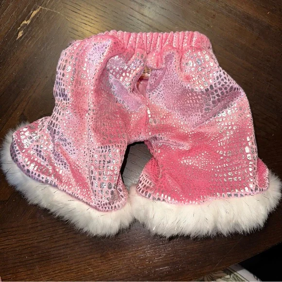 Build A Bear Workshop BAB Pink Velour Metallic Silver Winter Pants White Fur EUC - Picture 3 of 4